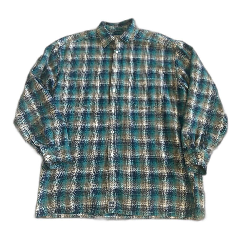 Levis Silvertab Shirt Mens Large Plaid Aqua Tan Flannel Button Up Long Sleeve